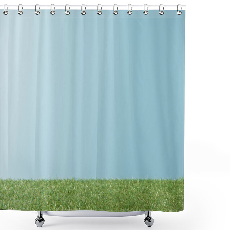 Personality  Fresh Bright Green Grass On Blue Background With Copy Space Shower Curtains