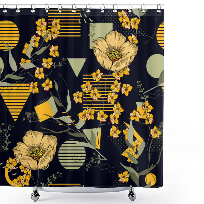 Personality  Trendy Polka Dots Seamless Pattern With Bohemian Hand Drawn Flowers. Blooming Wild Floral Memphis Print. Vector Illustratio Shower Curtains