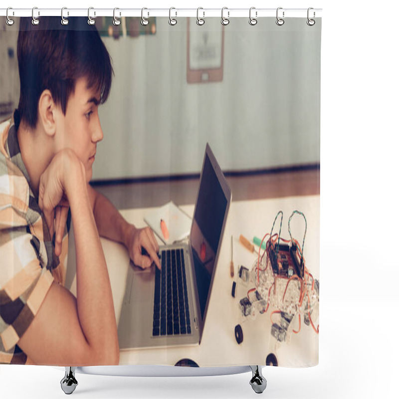 Personality  Upset Teenager In Shirt Programming Robot At Home. Young Man In Shirt. Using Laptop. Modern Hobby Concept. Modern Technology. Robot Engineering Concept. Innovation For Fun. Teenager With Robor. Shower Curtains