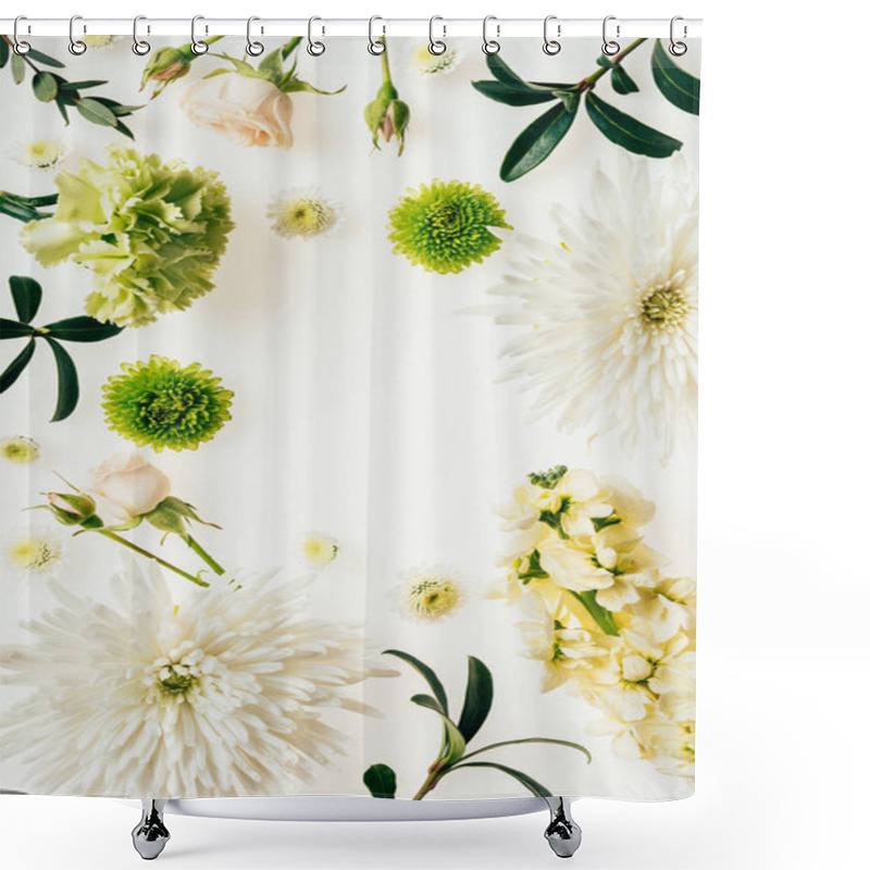 Personality  Top View Of Various Green And White Flowers On White Shower Curtains