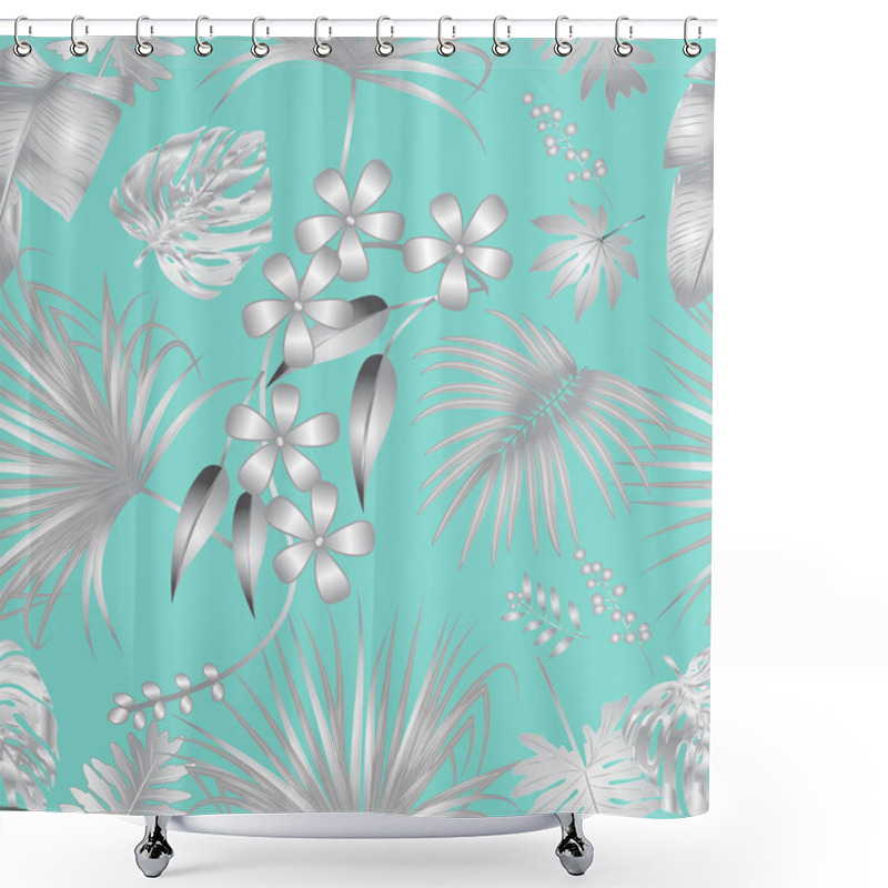 Personality  Vector Seamless Pattern With Silver Tropical Leaves On Tiffany B Shower Curtains