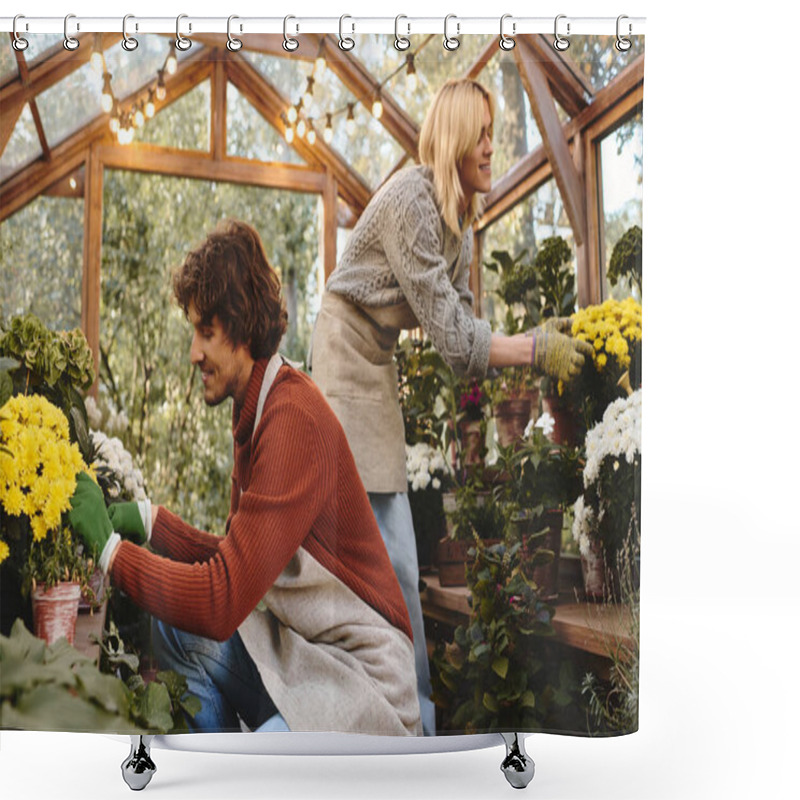 Personality  In A Bright Greenhouse, Young Loving Gay Couple Engage Joyfully In Planting Vibrant Flowers. Shower Curtains