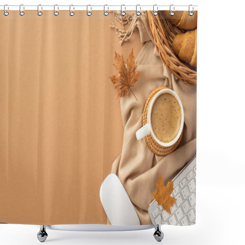 Personality  Autumn Business Concept. Top View Photo Of Cup Of Coffee Rattan Placemat Wicker Tray With Croissants Computer Mouse Keyboard Yellow Maple Leaves And Scarf On Isolated Beige Background With Copyspace Shower Curtains