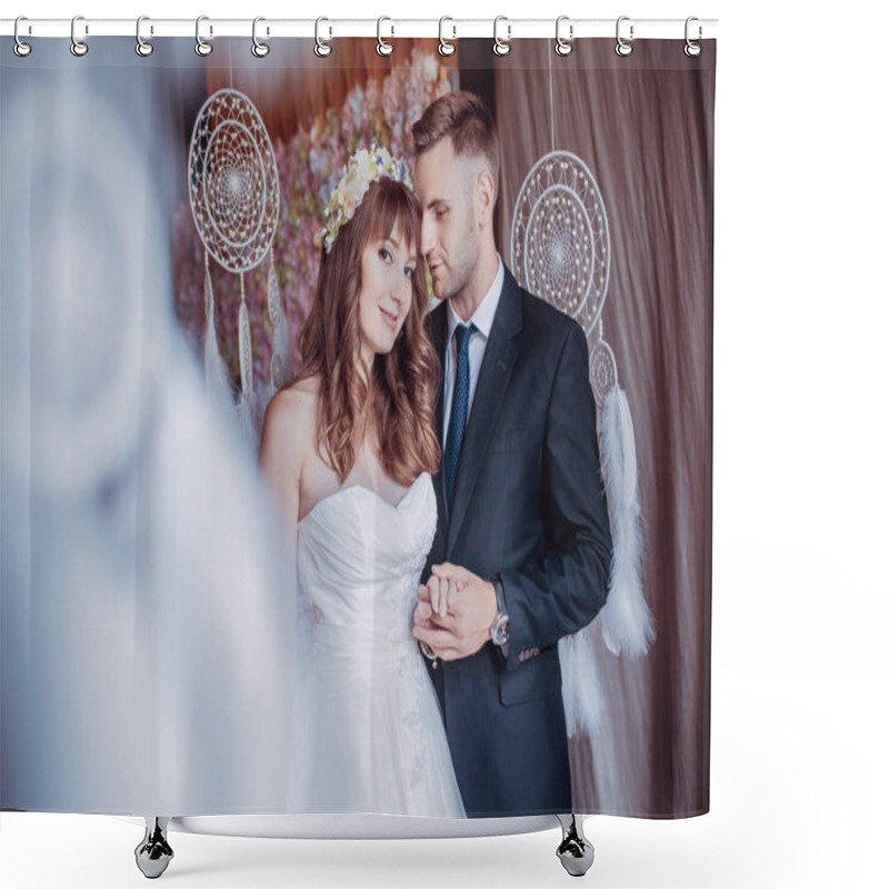 Personality  Portrait Of Happy Young Bride And Groom In A Classic Interior Near The Dream Catchers. Wedding Day, Love Theme. First Day Of A New Family Shower Curtains