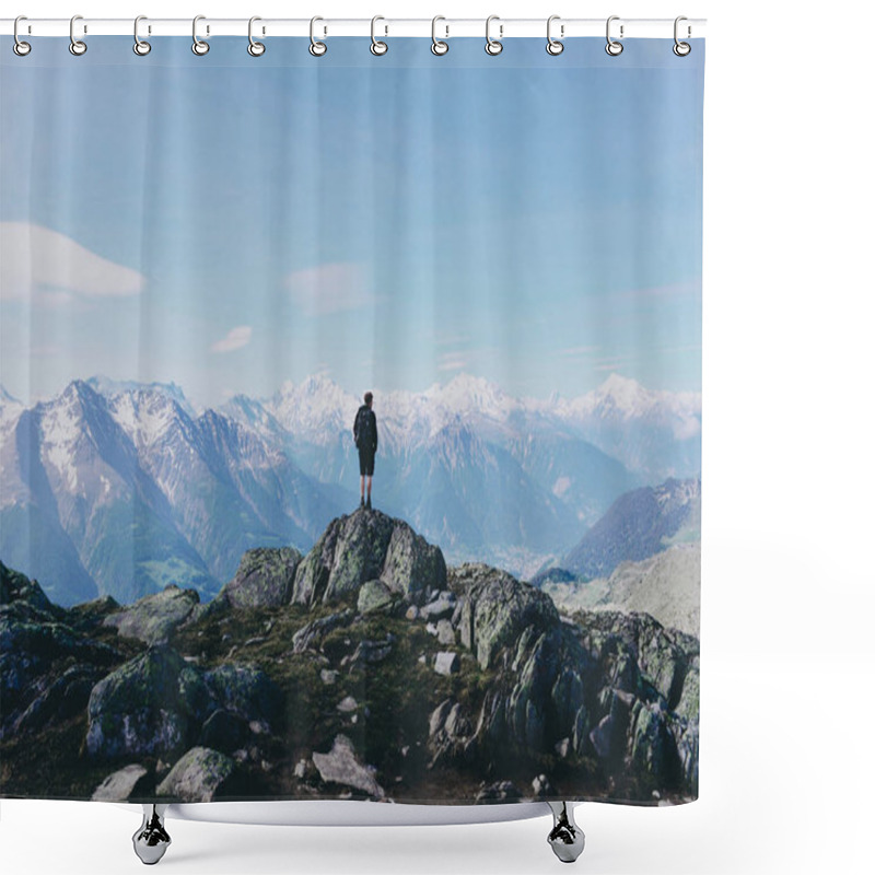 Personality  Hiker On Mountain Top Rock. Shower Curtains