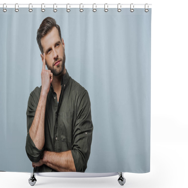 Personality  Pensive Man With Finger Near Head Looking Away Isolated On Grey Shower Curtains