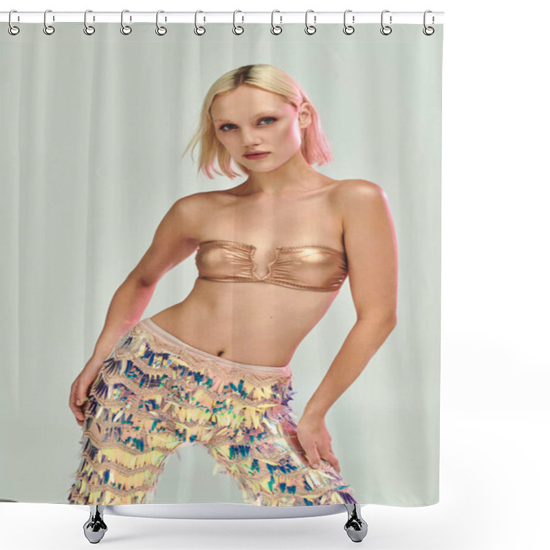 Personality  A Beautiful Woman Showcases Her Stunning Holographic Fashion With Grace. Shower Curtains