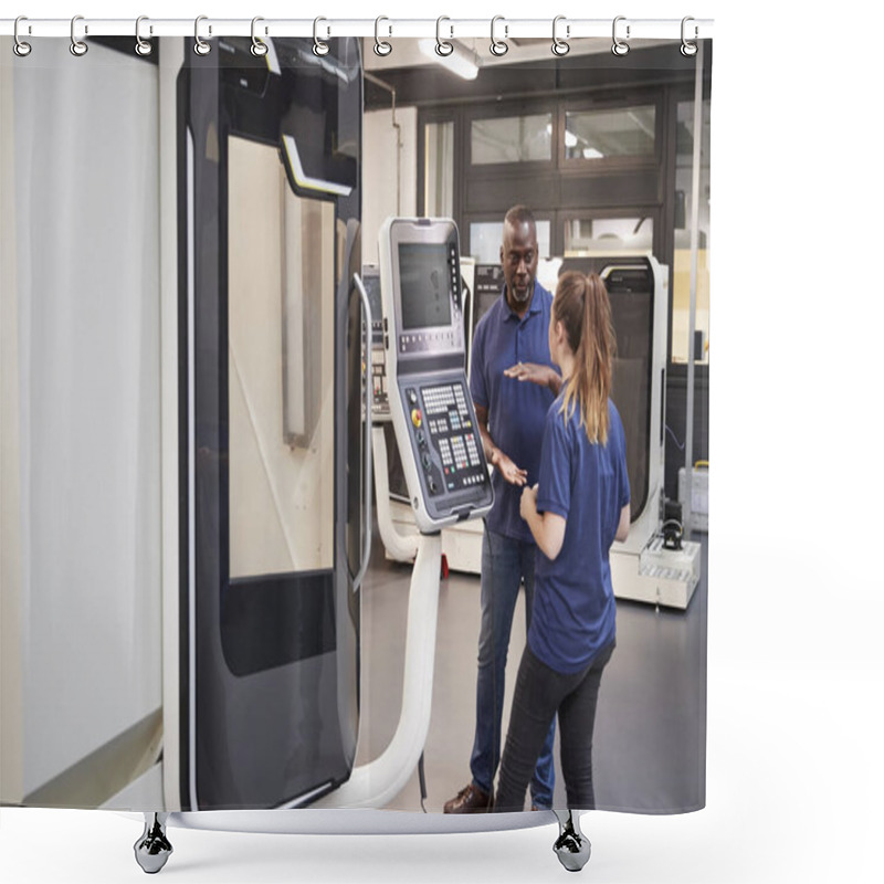 Personality  Engineer Showing Apprentices How To Use CNC Tool  Shower Curtains