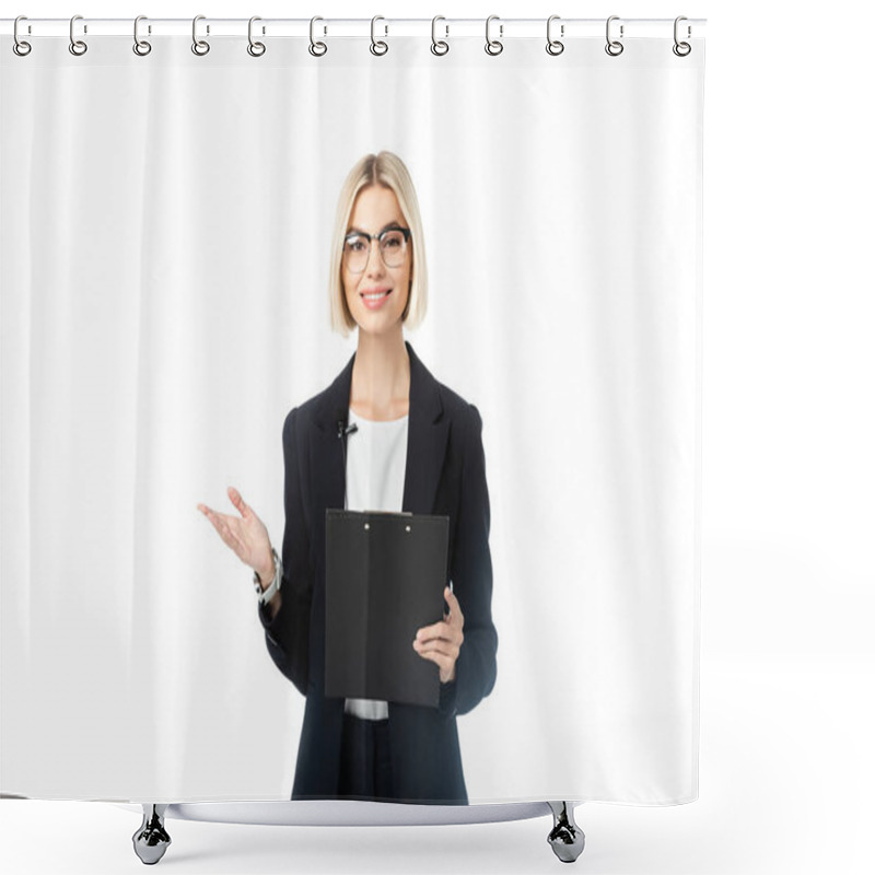 Personality  Smiling Broadcaster Pointing With Hand While Holding Clipboard Isolated On White Shower Curtains