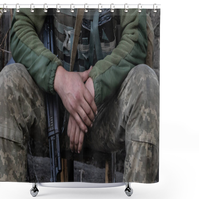 Personality  Donbass, Donetsk Region/Ukraine - September 20 2019: Soldiers Of Ukrainian Army At The Fronline On Donbass, Eastern Ukraine.  Shower Curtains