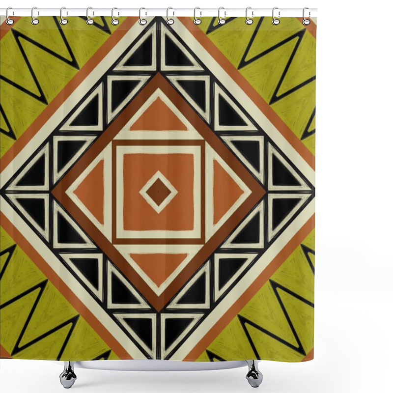 Personality  Ethnic African Fabric Patterns In Green And Orange Tones, Capturing The Essence Of Traditional African  Ethnic Style. The Beauty Of These Patterns Lies In Ethnic Watercolor, Offering A Timeless And Classic Art Form Perfect For The Textile Industry. Shower Curtains