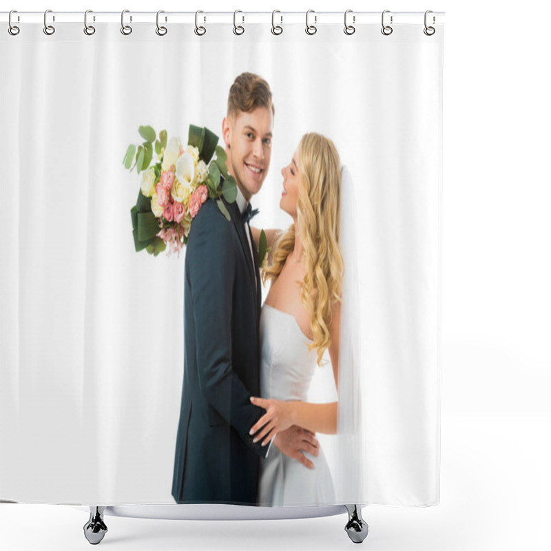 Personality  Happy Bride With Wedding Bouquet Hugging Smiling Groom Isolated On White Shower Curtains