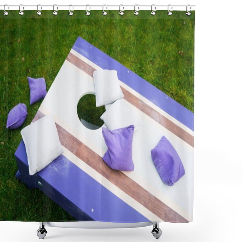 Personality  Cornhole Beanbag Toss Wood Game Board Outside On Grass Shower Curtains