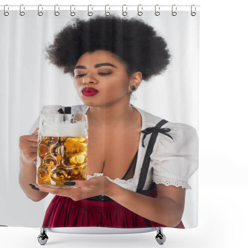 Personality  African American Bavarian Waitress In Oktoberfest Attire Blowing Off Beer Foam In Mug On White Shower Curtains