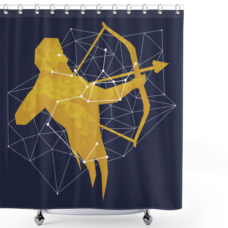 Personality  Gold Symbol Of Zodiac Sagittarius Constellation On A Deep Blue Background Surrounded By Lines And Stars Shower Curtains