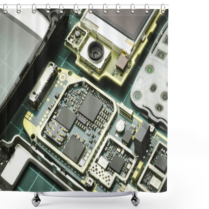 Personality  Boards Of Disassembled Old Mobile Phone With Semiconductor Elements Close-up Shower Curtains