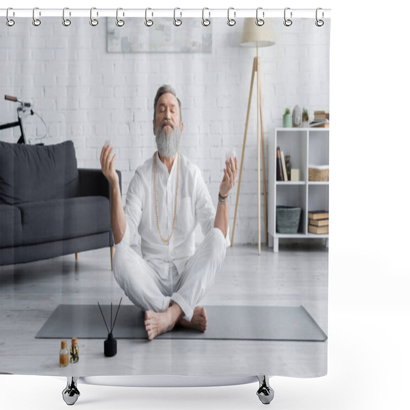 Personality  Bearded Yoga Master Meditating In Easy Pose Near Aroma Sticks And Scented Oils Shower Curtains