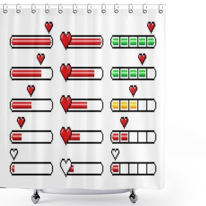 Personality  Pixel Heart Loading Bars, 8 Bit Video Game Arcade Assets And Life Status, Vector Props Icons. Pixel Heart Loading Progress Bar With Yellow Half, Green Full And Red Empty Load Of Life Or Energy Meter Shower Curtains