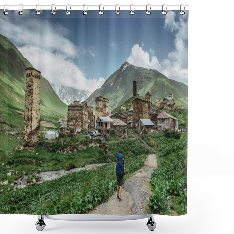 Personality  Happy Male Traveller In Ushguli,UNESCO Site,Georgia.Backpacker Exploring The Greater Caucasus Mountains.Rural Stone Houses,village Life,wild Pure Nature.Popular Travel Destination.Wanderlust Man Shower Curtains