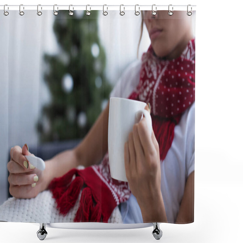 Personality  Cropped View Of Sick Woman With Thermometer And Cup Of Warm Beverage Near Christmas Tree On Blurred Background Shower Curtains