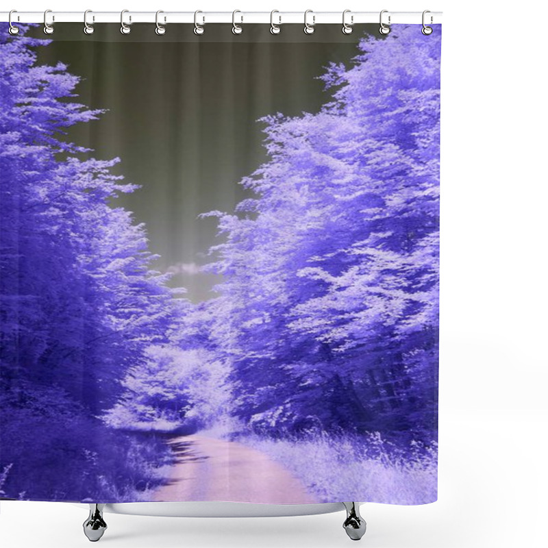 Personality  Surreal Pathway Through Vibrant Purple Trees Under A Dreamy Sky. Shower Curtains