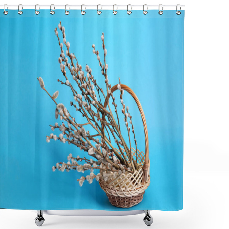 Personality  Wicker Basket With Beautiful Blooming Willow Branches On Light Blue Background Shower Curtains