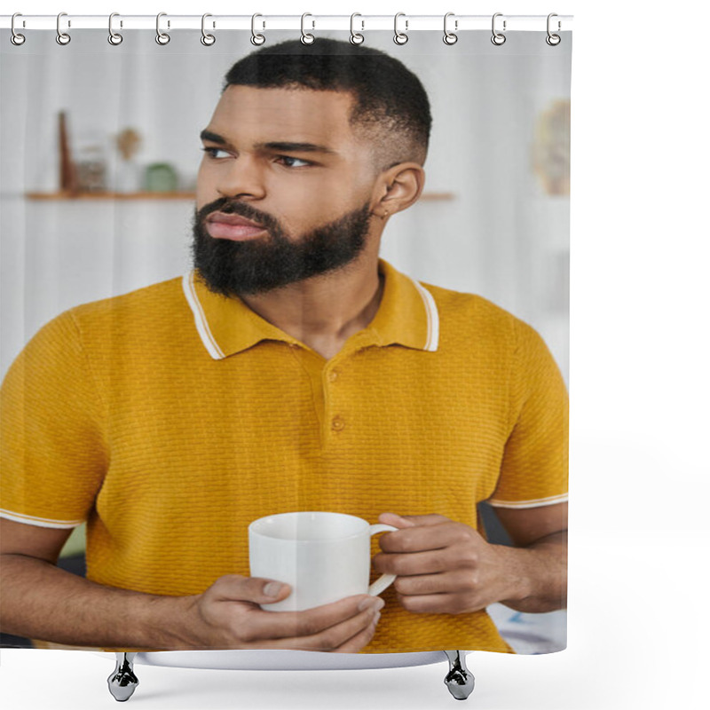 Personality  A Stylish Man Savors His Coffee While Contemplating His Day. Shower Curtains