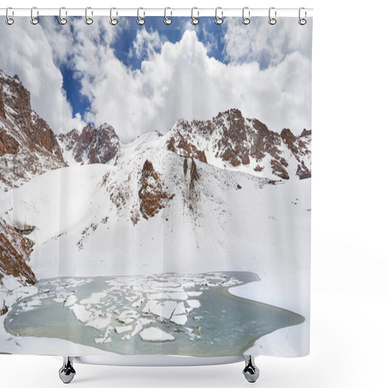 Personality  Mountain Lake With Ice On The Snowy Mountain Lake Of Zaili Alatay In Almaty, Kazakhstan Shower Curtains