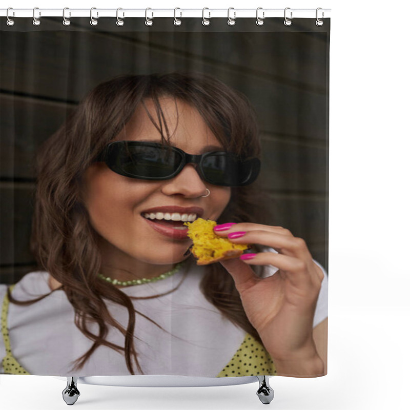 Personality  Portrait Of Brunette Woman In Stylish Sunglasses And Summer Outfit Eating Fresh Bun While Relaxing And Standing Near Wooden House In Rural Setting, Summer Vibes Concept, Tranquility Shower Curtains