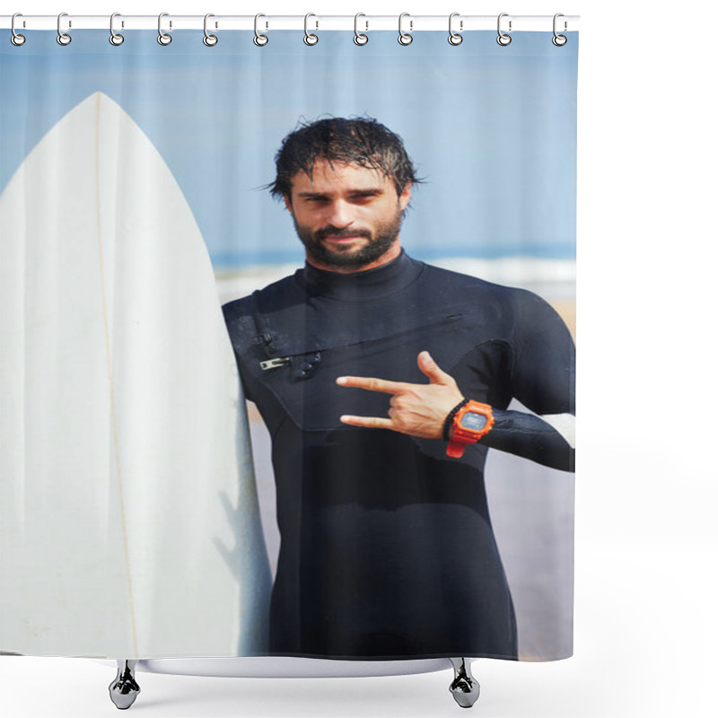 Personality  Portrait Of Hipster Guy With White Surfboard Standing On Ocean The Beach, Professional Surfer Man Dressed In Wetsuit Ready To Surfing On Big Waves, Happy Surfer Holding His Board At Sunny Summer Day Shower Curtains