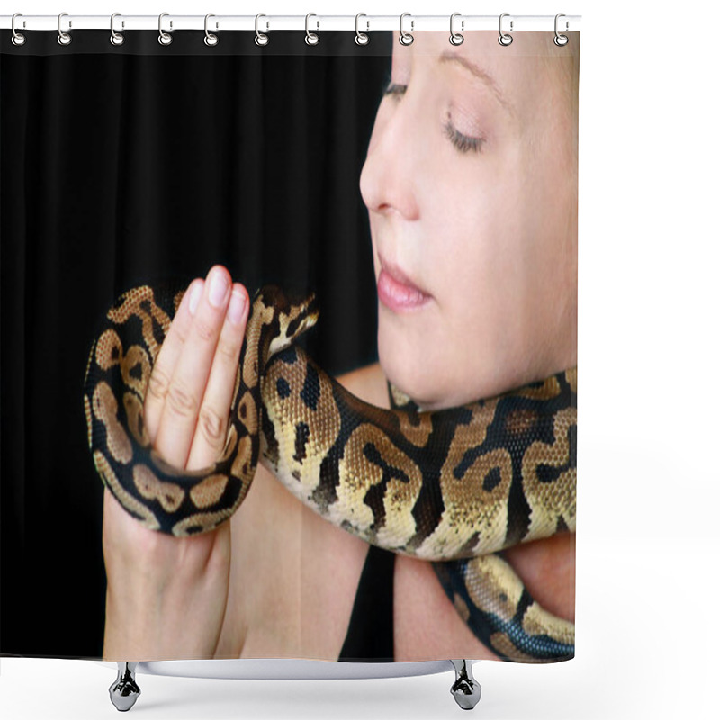 Personality  Portrait Of Girl With Royal Python Snake. Woman Holds Ball Python Snake Around Neck And In Hands, Posing In Front The Camera. Exotic Tropical Cold-blooded Reptile Animal, Python Regius Species Snake. Shower Curtains