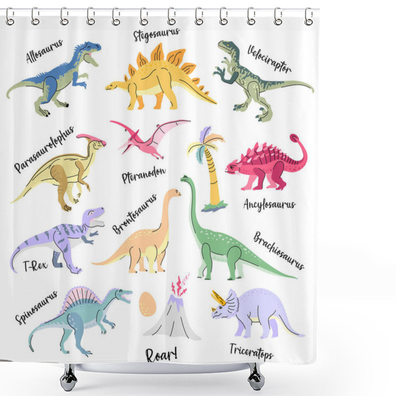 Personality  Set Of Dinosaurs Including T-rex, Brontosaurus, Triceratops, Velociraptor, Pteranodon, Allosaurus, Etc Isolated On White Shower Curtains