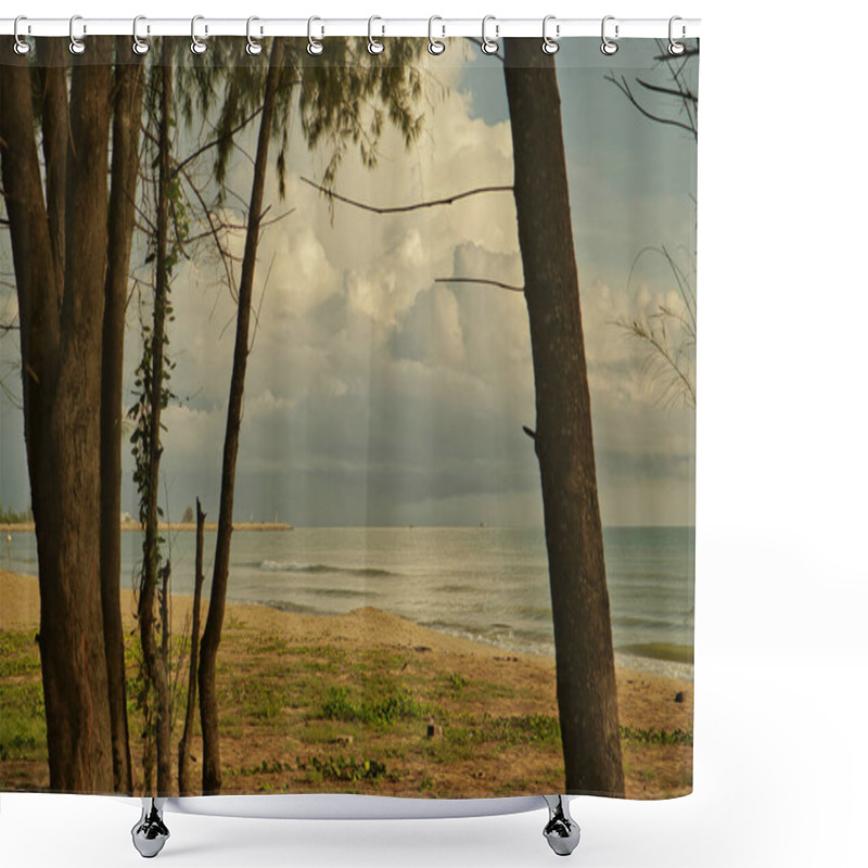 Personality  The Malaysia Batu Buruk Beach Foreground Showcases Tall, Slender Tree Silhouettes Casting Shadows, Creating A Tranquil Atmosphere That Blends Land Greenery With The Ocean's Reflective Glow. Shower Curtains