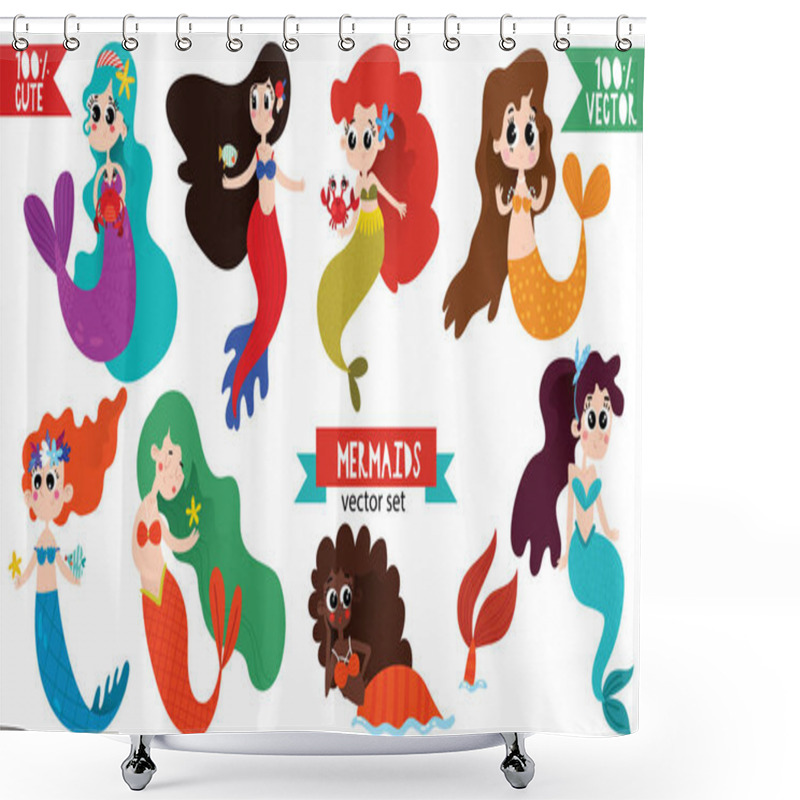 Personality  Set Of Cute Cartoon Mermaids. Awesome Childish Collection In Cartoon Style - Stock Vector Shower Curtains