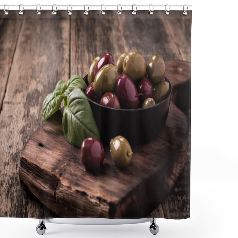 Personality  Olives On Wooden Dark Table With Basil Shower Curtains