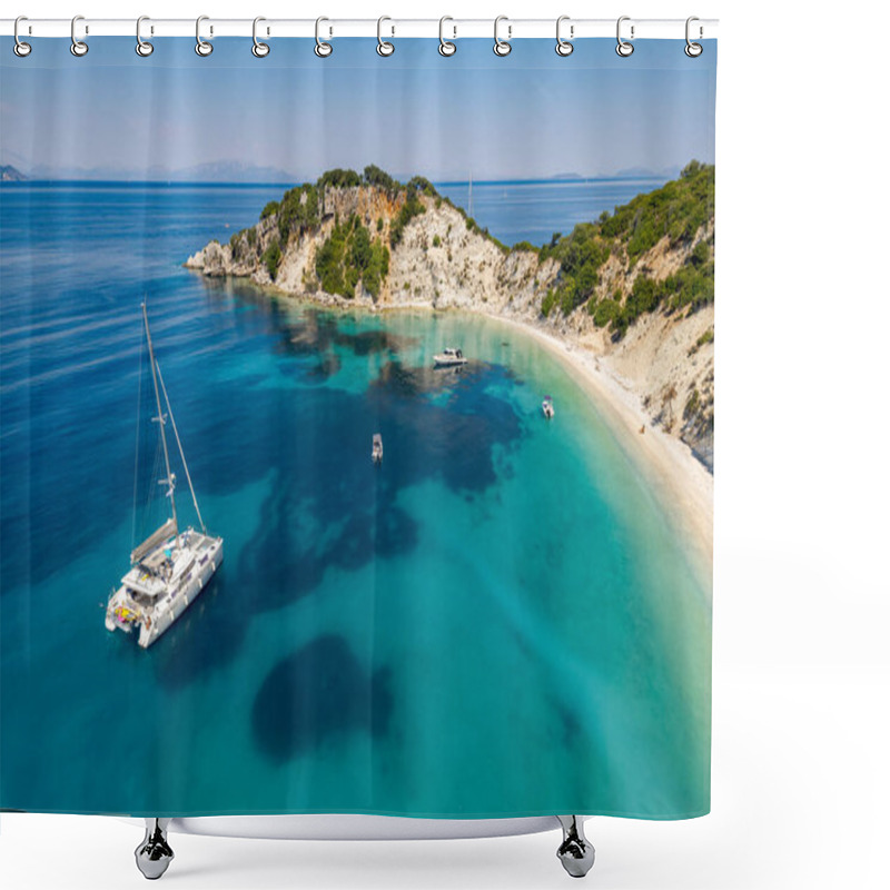 Personality  Aerial Photo Of The Paradise Beach Of Gidaki In Ithaca, The Beautiful  Ionian Island Of Greece. Shower Curtains