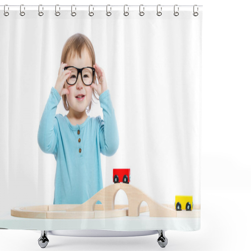 Personality  Happy Toddler Girl Playing With Trains Shower Curtains