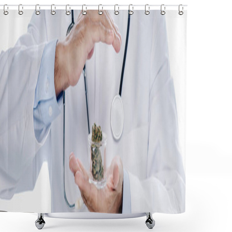 Personality  Panoramic Shot Of Doctor In White Coat Holding Medical Cannabis And Pills Isolated On White  Shower Curtains