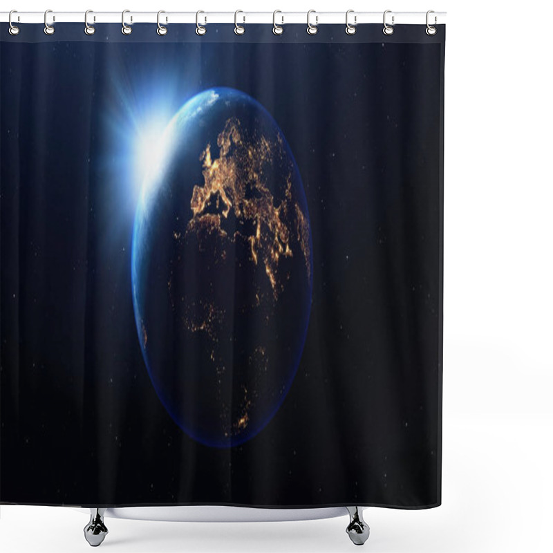 Personality  Earth Planet With The Sun Viewed From Space At Night Showing The Lights Of Europe And Other Countries, 3d Render Of Planet Earth, Elements Of This Image Provided By NASA Shower Curtains