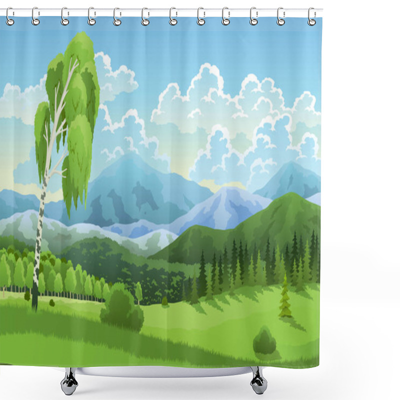 Personality  Landscape Mountains, Grasslands Meadows And Blue Sky With Clouds. Cartoon Flat Panorama Of Spring Summer Forest And Birch. Beautiful Nature Background. Vector Illustration. Shower Curtains