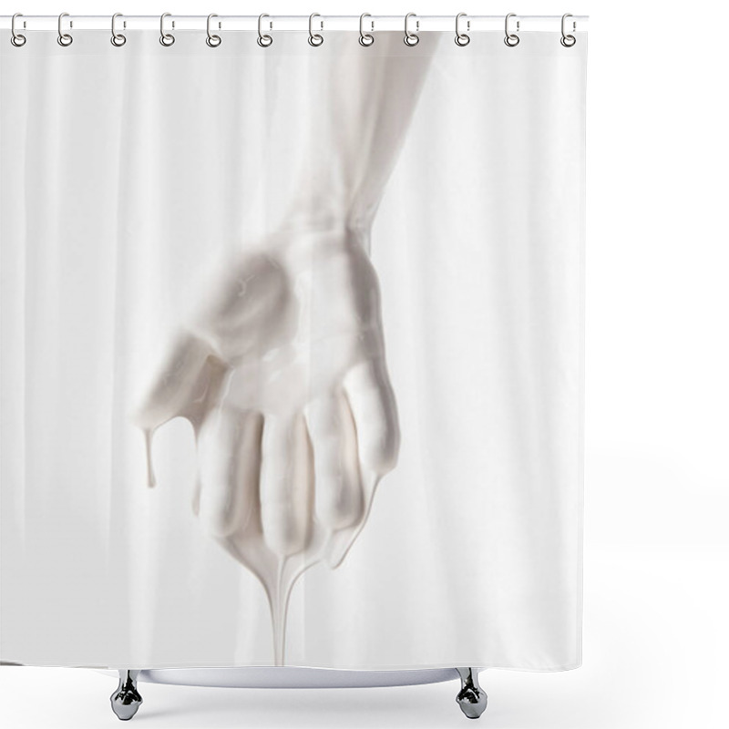 Personality  Cropped Image Of Female Arm In White Dripping Paint Isolated On White Shower Curtains