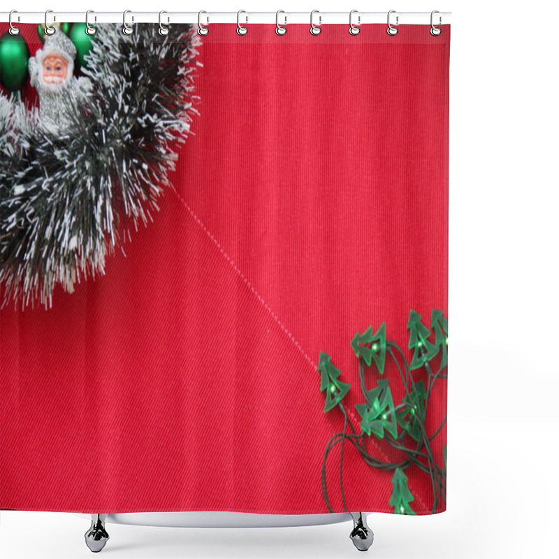 Personality  New Year's Tinsel, Garland, Balls And Santa Claus On A Red Background. Shower Curtains