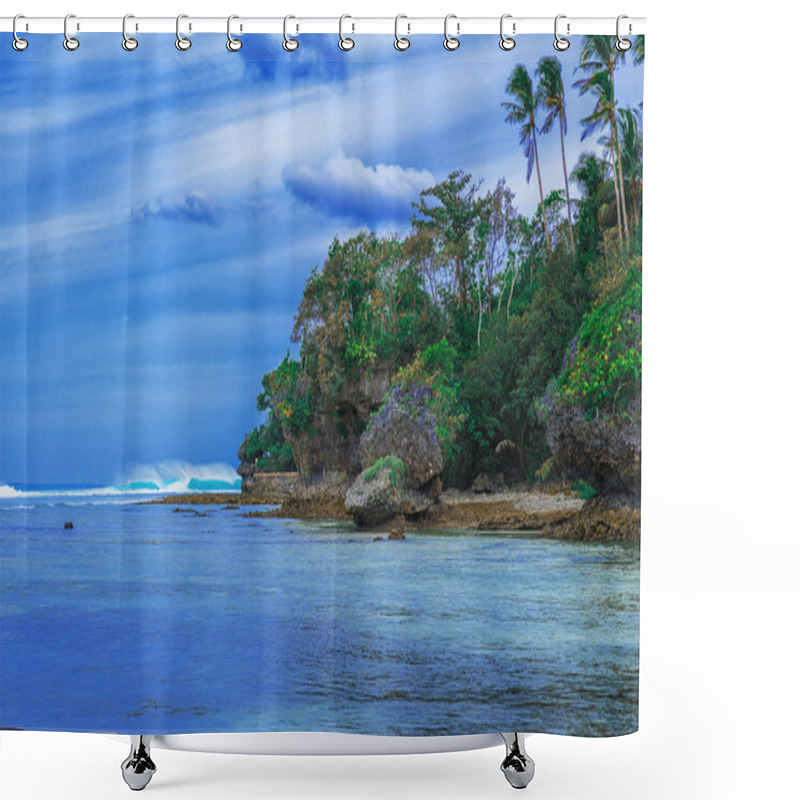 Personality  Tropical Landscape Hill, Clouds And Mountains Rocks With Rainforest. Tropical Island, Sea Bay And Lagoon, Siargao. Azure Water Of Lagoon. Shore Landscape Bay. Travel Concept Shower Curtains