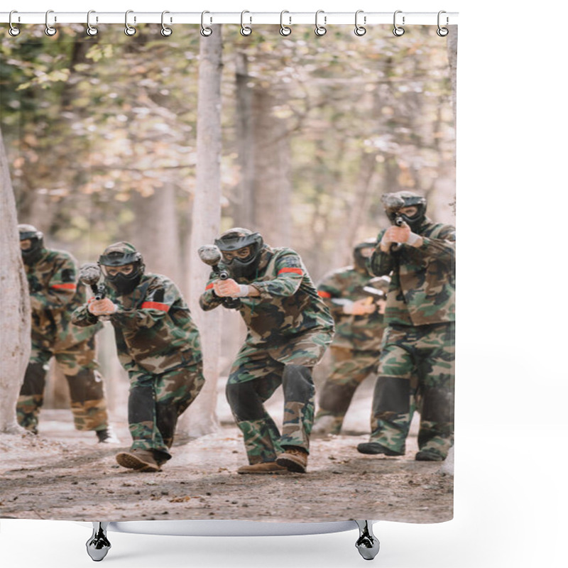 Personality  Paintball Team In Uniform And Protective Masks Running And Aiming By Paintball Guns Outdoors Shower Curtains