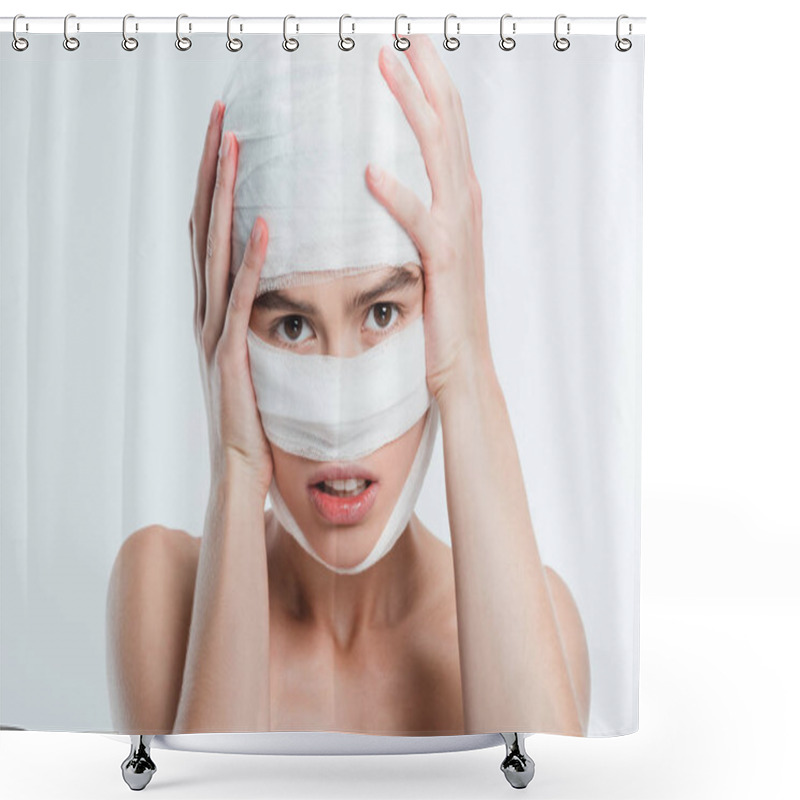 Personality  Close Up Of Woman With Bandages Over Head Isolated On White Shower Curtains