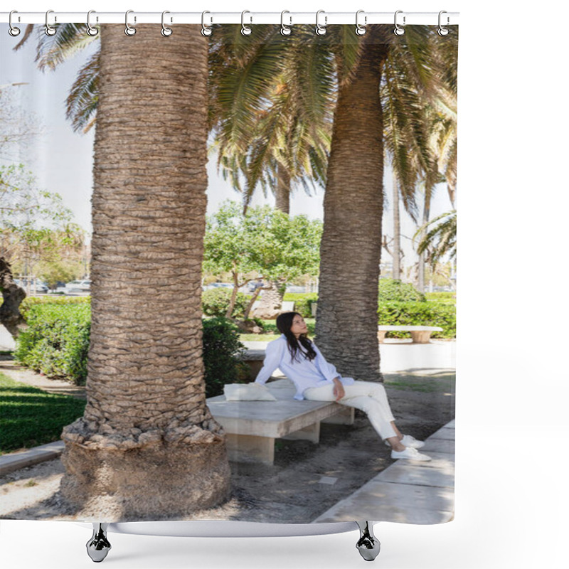 Personality  Full Length View Of Woman Sitting On Bench In Park Under Giant Palms Shower Curtains