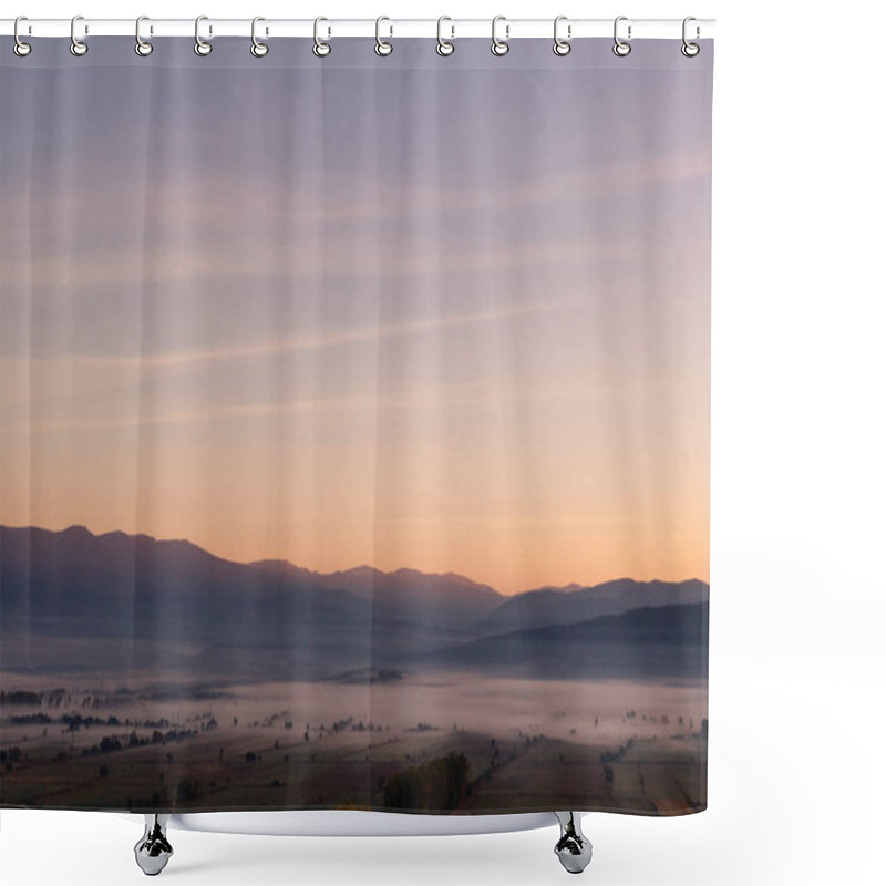 Personality  Aerial View Of Foggy Morning Autumn Mountains With Clouds Bansko Bulgaria. Shower Curtains