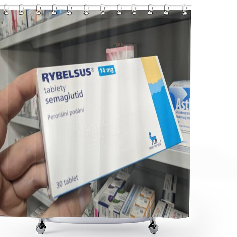 Personality  Prague, Czech Republic -November 18 2024: RYBELSUS Box Of Medication With SEMAGLUTIDE Active Substance By NOVO NORDISK, Used For Treatment Of Type 2 Diabetes And Blood Sugar Control. Shower Curtains