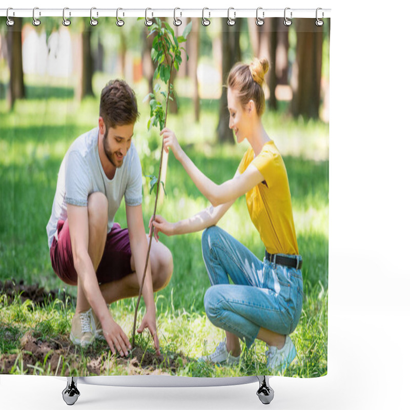 Personality  Young Couple Planting New Tree In Park  Shower Curtains