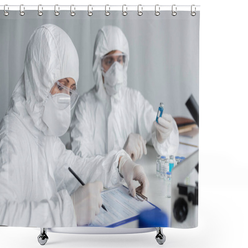 Personality  Scientist Writing On Clipboard Near Colleague With Vaccines On Blurred Background  Shower Curtains